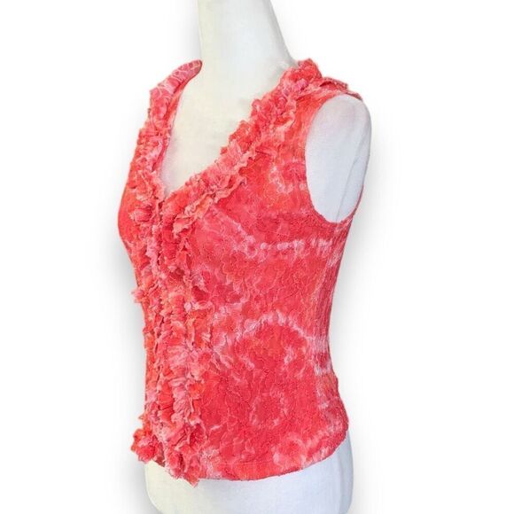 Vintage Sheer Blouse Sleeveless Ruffled Plunge Neck  Nylon Red Floral Lace Top - Picture 3 of 8